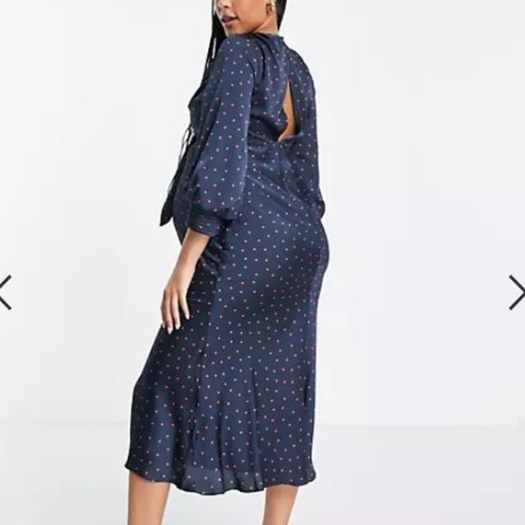 ASOS Design Maternity satin tie front midi dress with button Detail Navy Red 8 - Picture 3 of 8